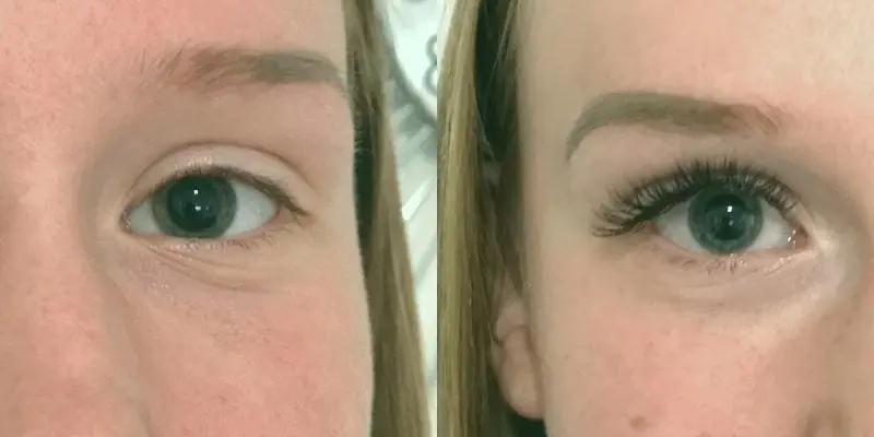 Volle Wimpern nach der Wimpernverlängerung, seitlich