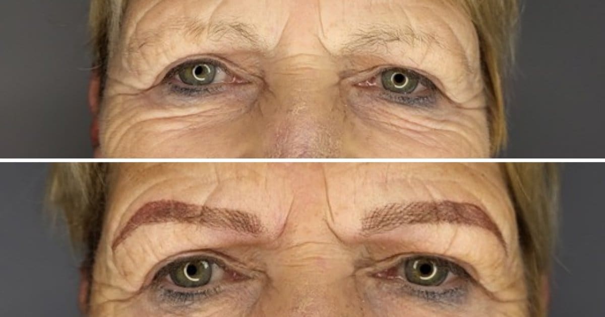 Permanent Make-up Augenbrauen bei reifer Haut: feine Härchen kombiniert mit Schattierung, vorher und nachher